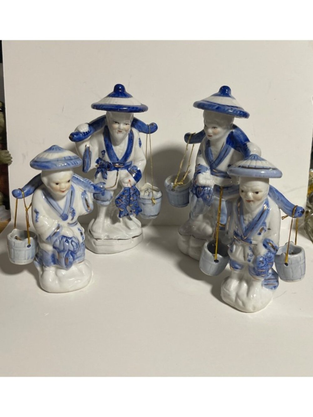 Porcelain Chinese Fisherman Figurine Water Carrier Set of 4 Asian Decor VTG MCM